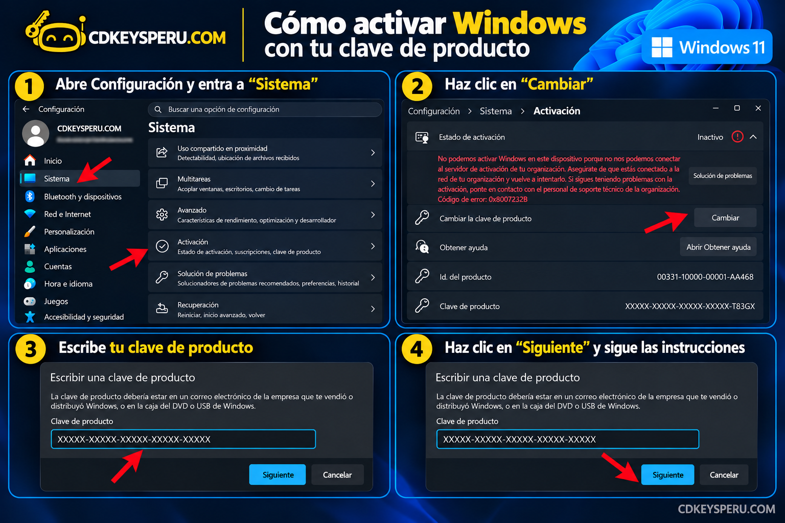 Pasos para activar Windows 11 desde Configuración, Sistema y Cambiar la clave de producto